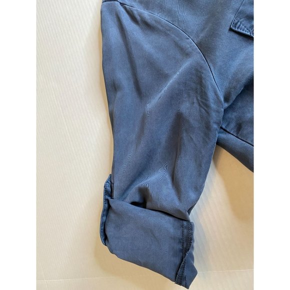 Side Stitch Blue Tencel Half Placket Roll-Tab Sleeve High-Low Shirt Size M - Picture 7 of 13